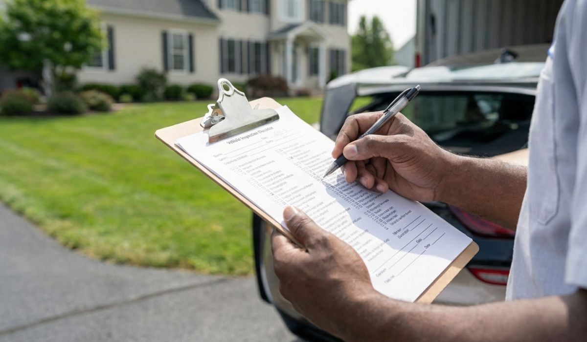 Driver inspecting vehicle and completing Bill of Lading before Pennsylvania vehicle pickup. Driver inspecting vehicle and completing Bill of Lading before Pennsylvania vehicle pickup.