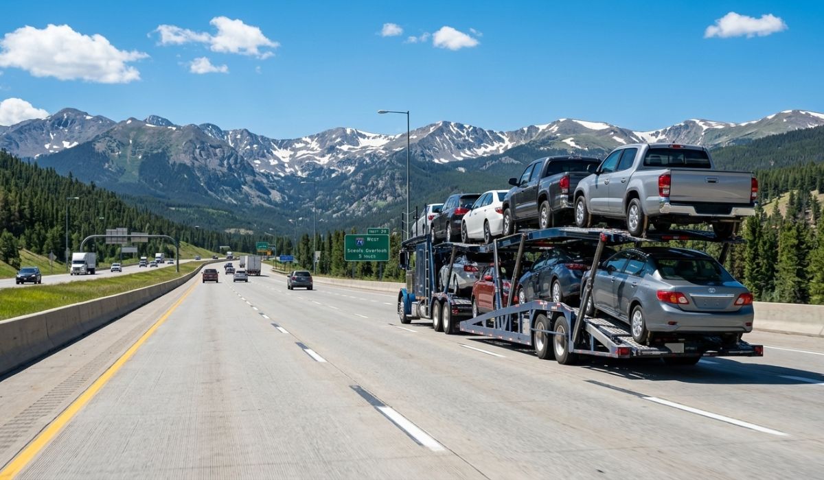 Auto transport truck carrying multiple vehicles across the highway during insured car shipping services. Auto transport truck carrying multiple vehicles across the highway during insured car shipping services.