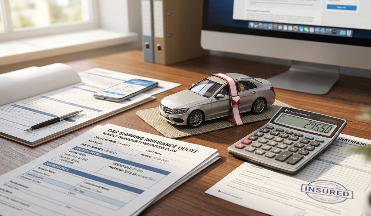 Calculator and car model illustrating car shipping insurance cost and vehicle transport coverage. Calculator and car model illustrating car shipping insurance cost and vehicle transport coverage.