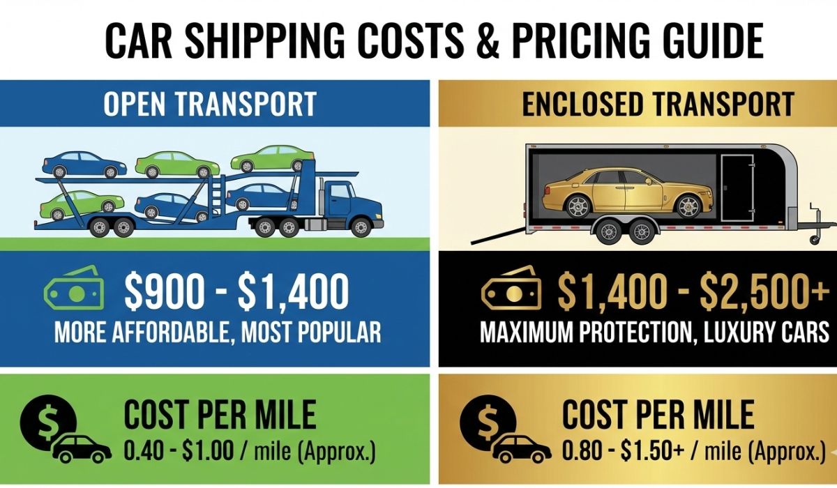 California to Texas car shipping pricing and cost comparison infographic.