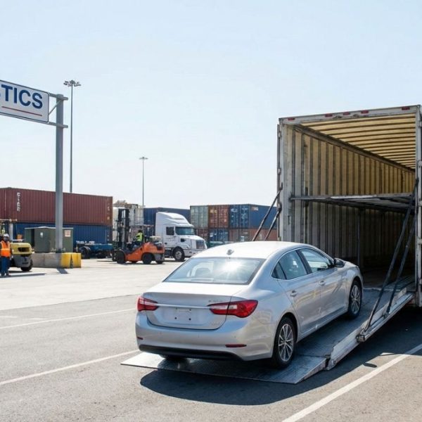 Car being loaded onto an open transport truck for terminal to terminal car shipping in the USA