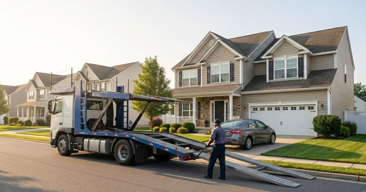 Car carrier unloading vehicle at residential address in New York during door-to-door car shipping. Car carrier unloading vehicle at residential address in New York during door-to-door car shipping.