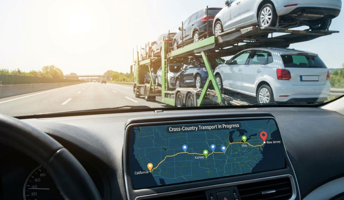 Car in transit on a highway with GPS tracking for cross-country New Jersey vehicle transport.