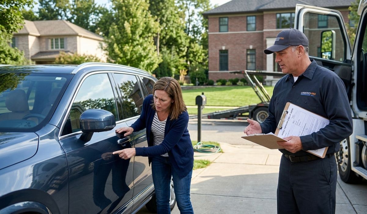 Car owner inspecting vehicle damage after shipping to start a car shipping insurance claim. Car owner inspecting vehicle damage after shipping to start a car shipping insurance claim.