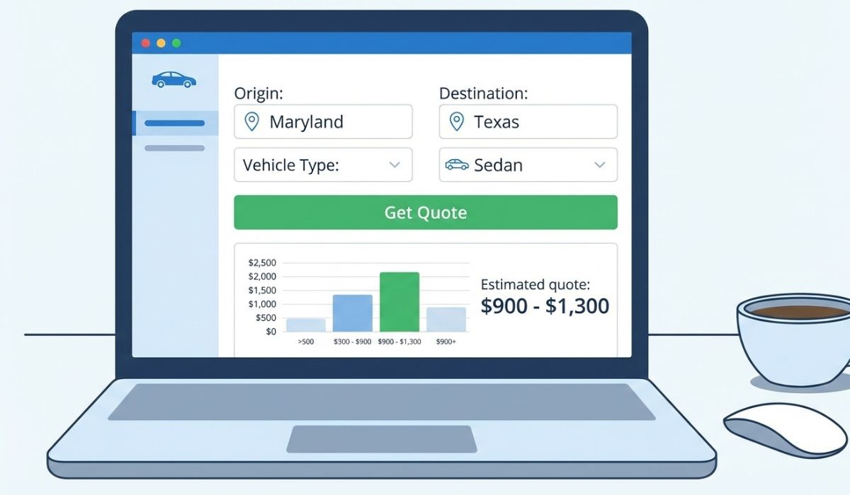 Car shipping cost estimate from Maryland to Texas displayed on a pricing calculator