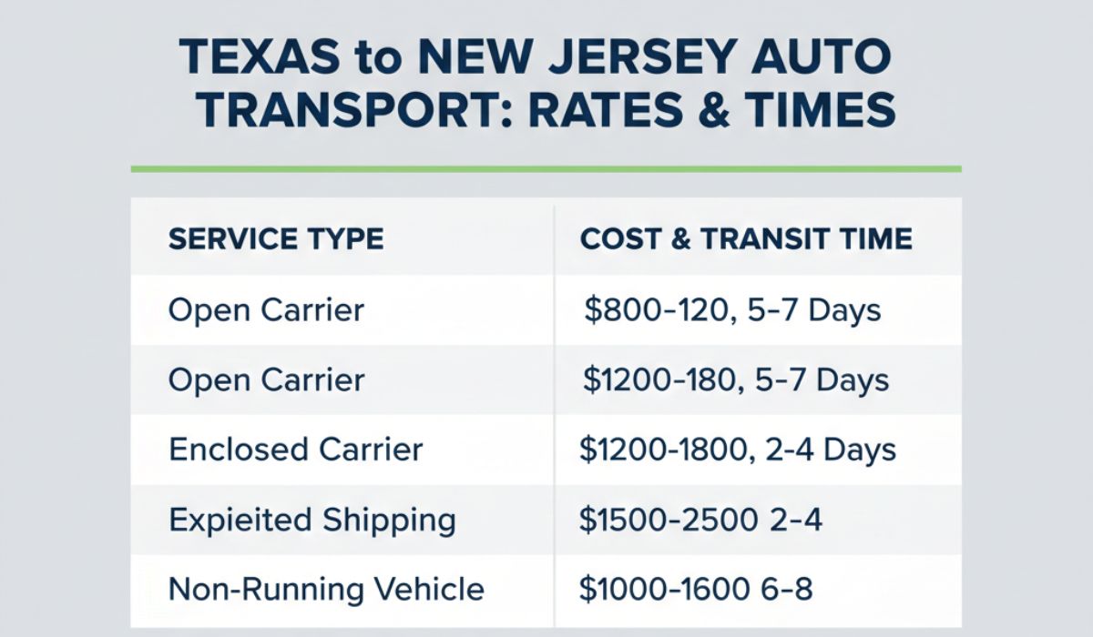 Car Shipping Cost Estimates and Transit Time Between TX and NJ Car Shipping Cost Estimates and Transit Time Between TX and NJ