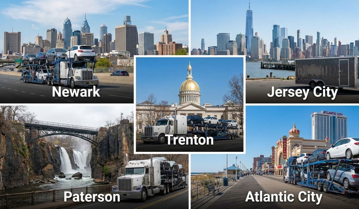 Collage showing major New Jersey cities served by car shipping services. Collage showing major New Jersey cities served by car shipping services.
