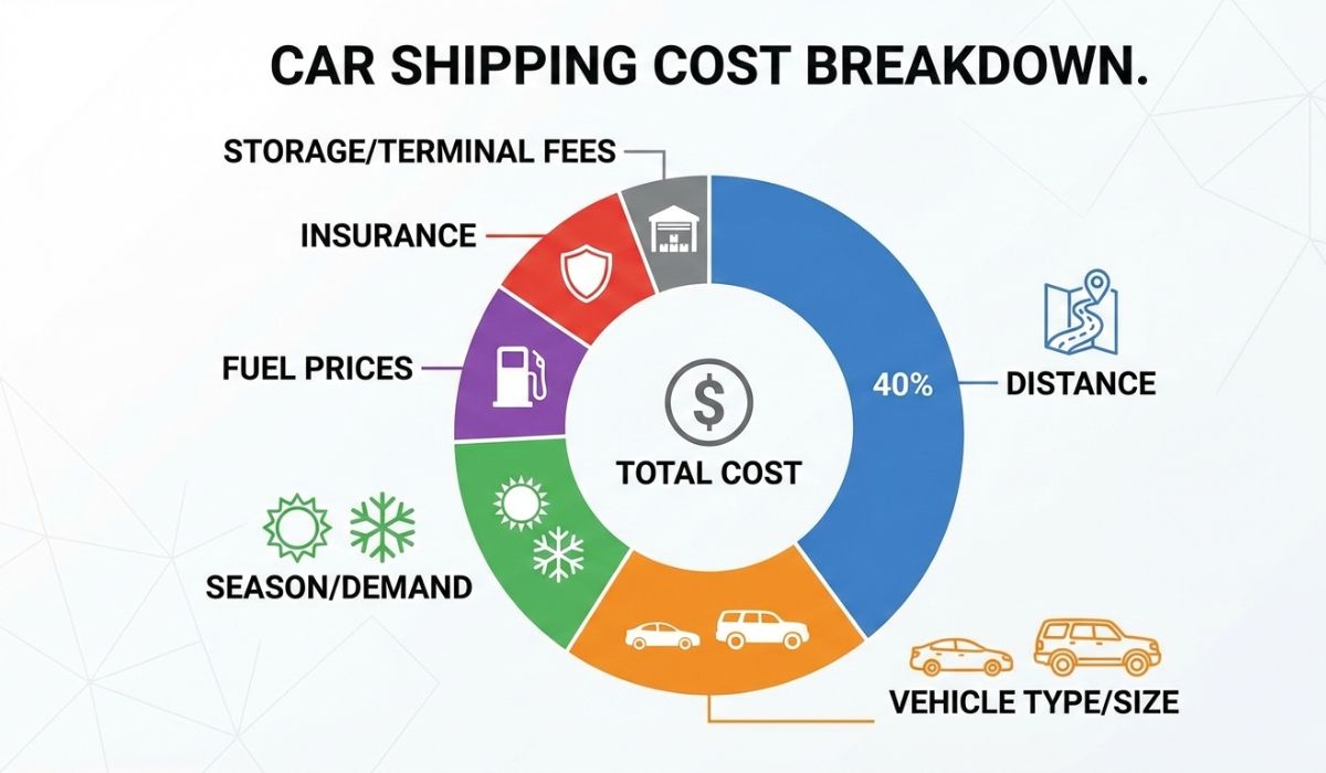 Cost breakdown for terminal to terminal car shipping including distance, vehicle type, fuel, and insurance