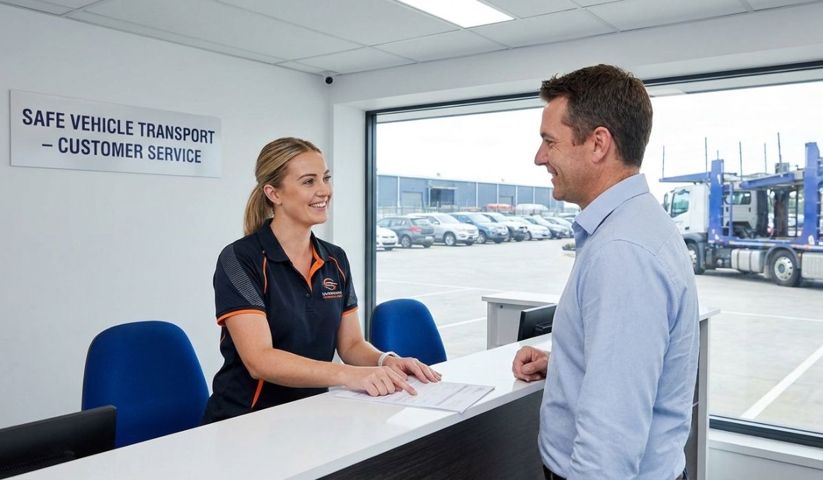 Customer receiving guidance from a reliable auto transport company at a secure terminal for vehicle transportation