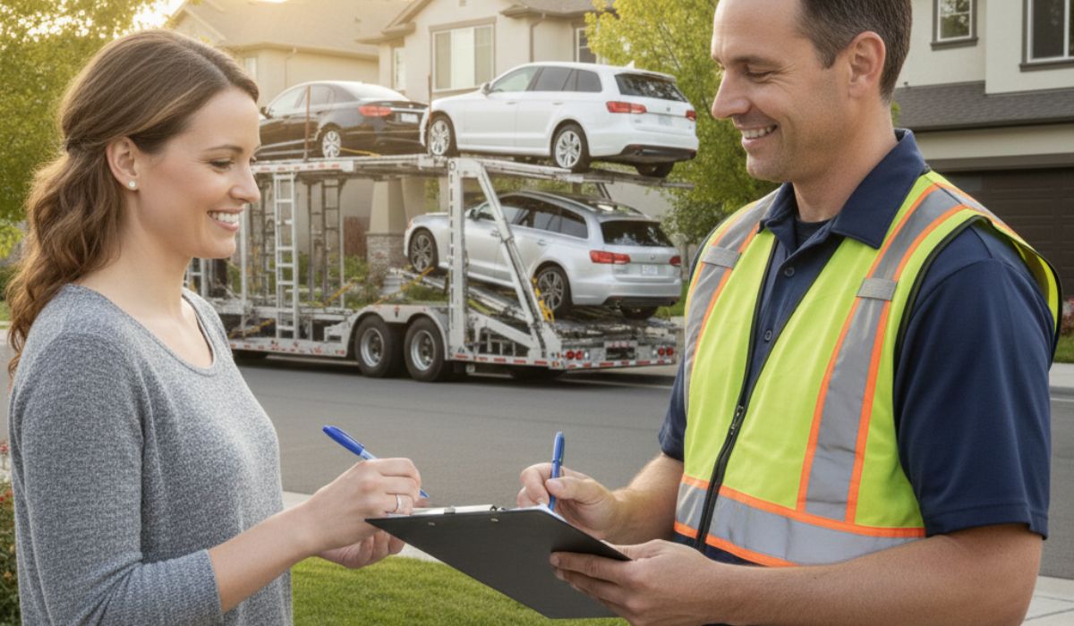 Customer signing Bill of Lading during vehicle delivery inspection. Customer signing Bill of Lading during vehicle delivery inspection.