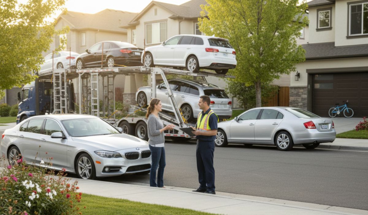 Door-to-door car shipping pickup in a residential neighborhood. Door-to-door car shipping pickup in a residential neighborhood.