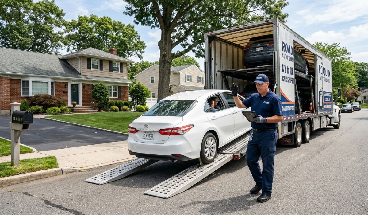 Door to door car shipping service loading a vehicle at a residential home