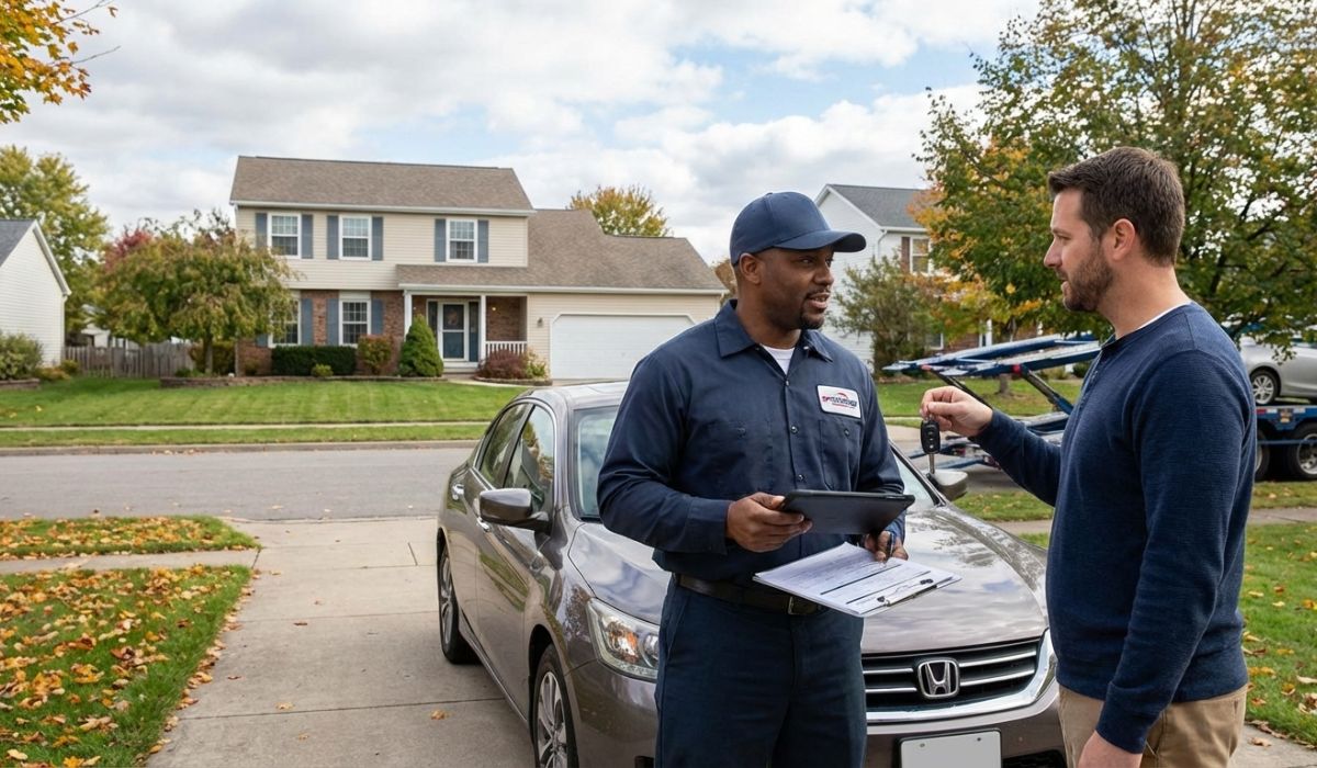 Door-to-door vehicle shipping NY to KY with driver inspecting car at pickup.