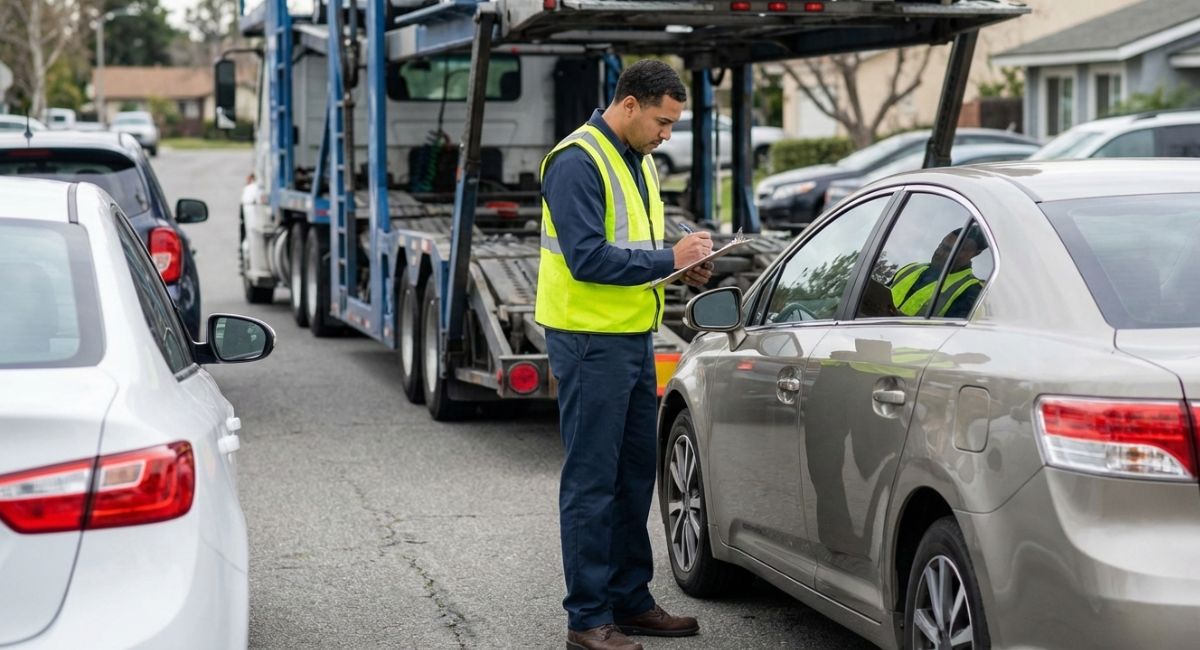 Driver inspecting car during vehicle pickup for shipping. Driver inspecting car during vehicle pickup for shipping.