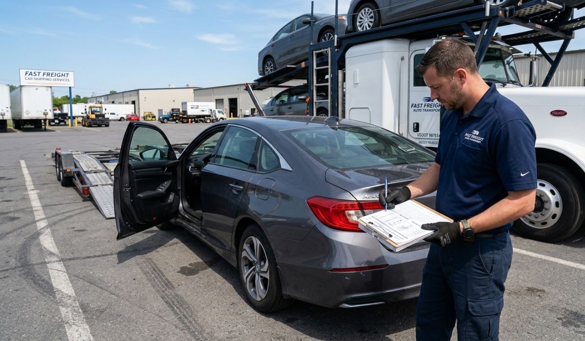 Driver inspecting vehicle before auto transport shipment