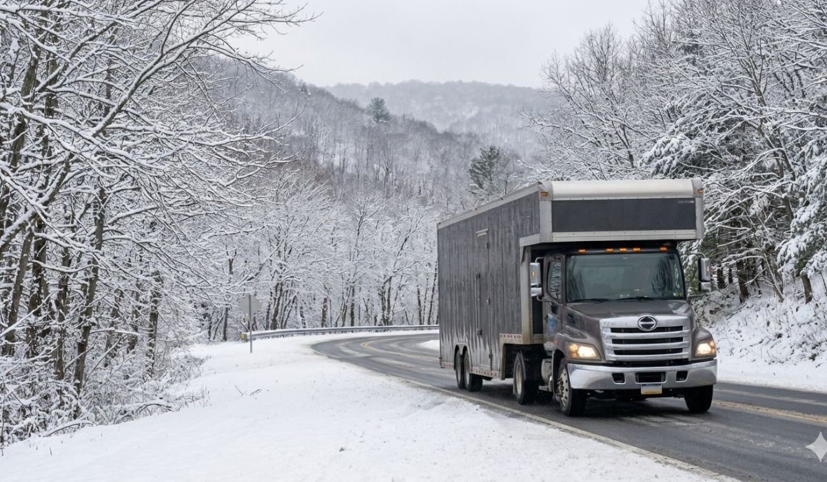 Vehicle transport truck navigating busy New York City street during scheduled car delivery. Vehicle transport truck navigating busy New York City street during scheduled car delivery.