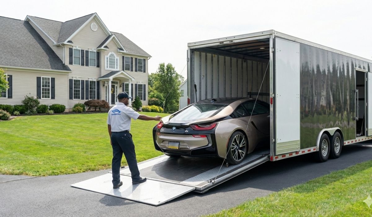 Enclosed auto transport trailer loading luxury car for protected Pennsylvania to New York vehicle shipping. Enclosed auto transport trailer loading luxury car for protected Pennsylvania to New York vehicle shipping.