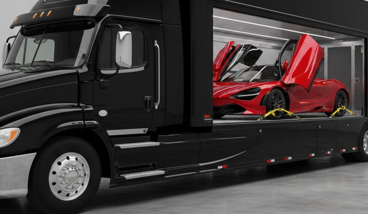 Enclosed auto transport truck for classic and luxury car transport. Enclosed auto transport truck for classic and luxury car transport.