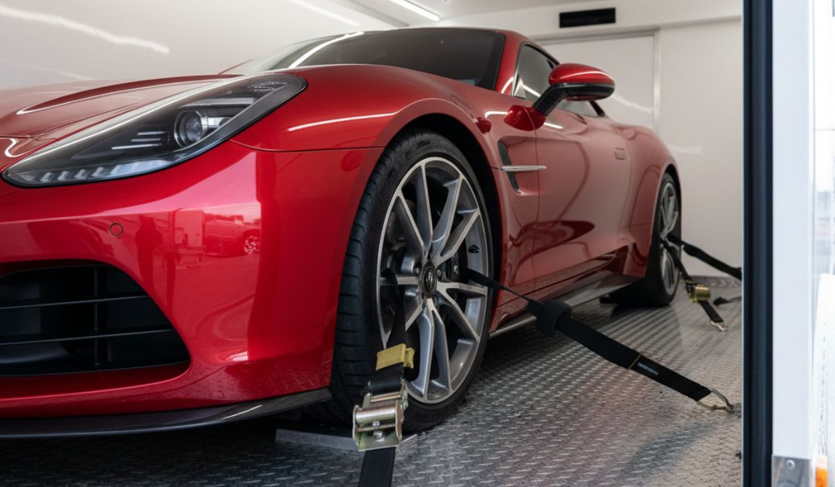 Enclosed car shipping protecting luxury vehicle during transport