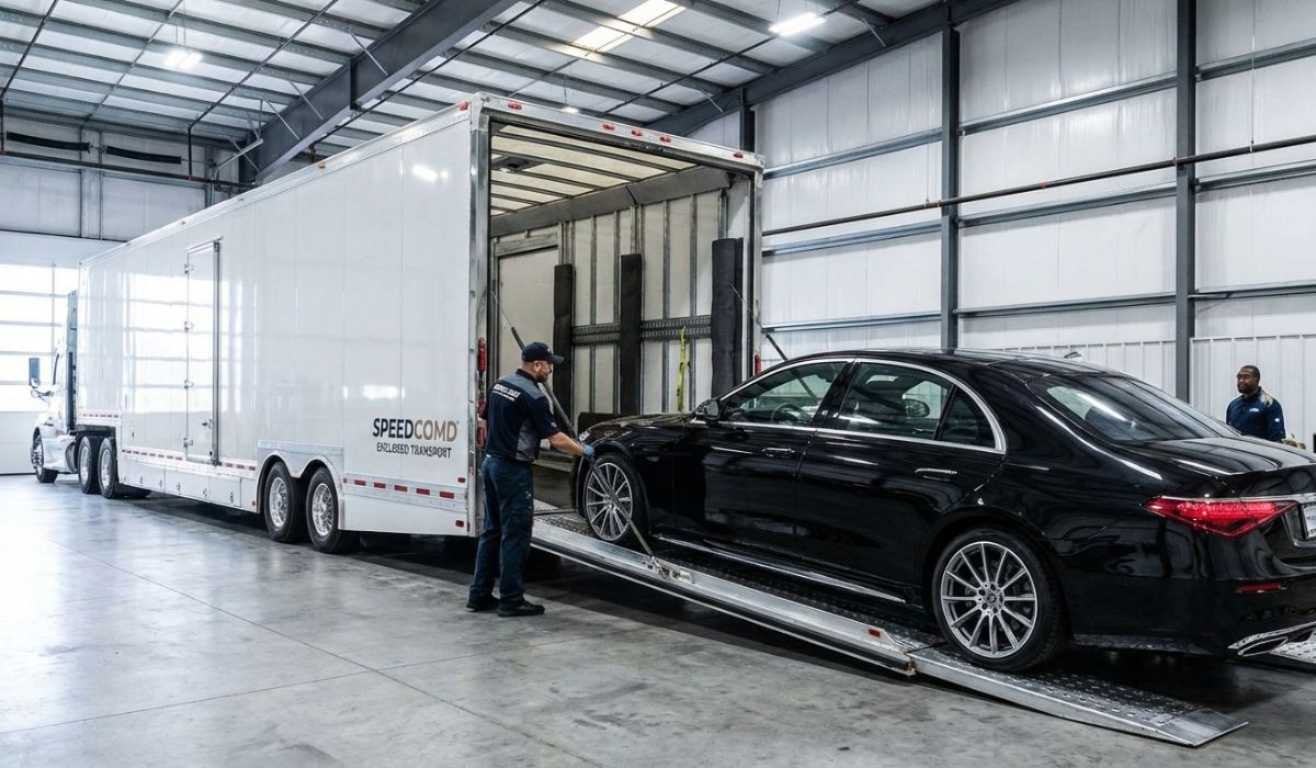 Enclosed car transport New York to Kentucky truck carrying a luxury vehicle.