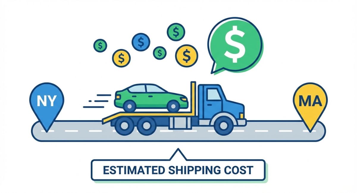 Infographic showing average cost to ship a car from New York to Massachusetts. Infographic showing average cost to ship a car from New York to Massachusetts.