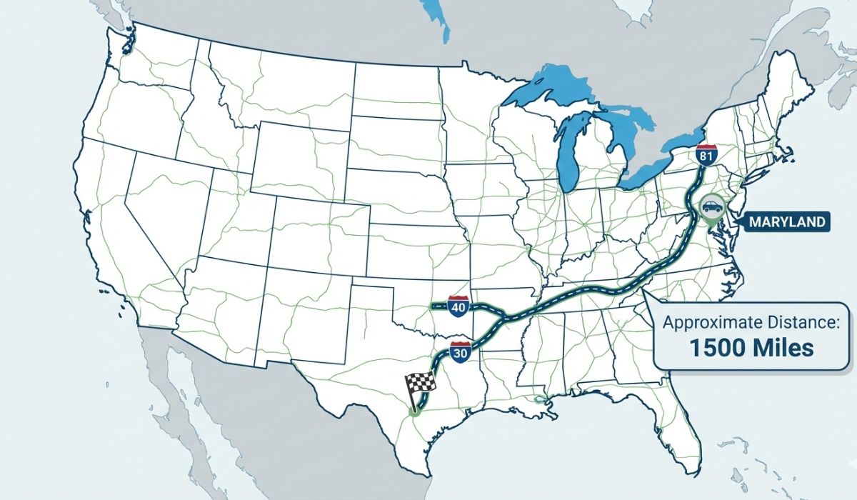Map showing car shipping route from Maryland to Texas covering 1500 miles via interstate highways