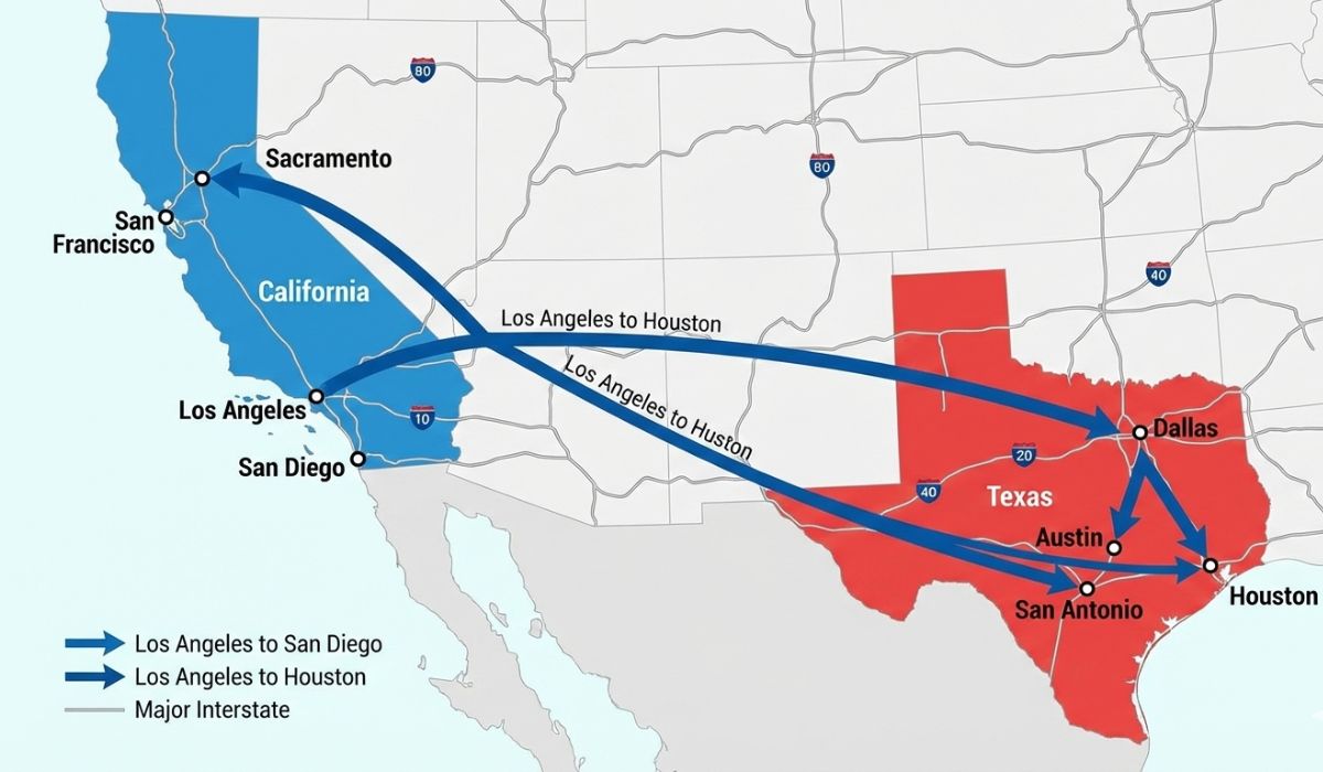 Map showing popular California to Texas car shipping routes.