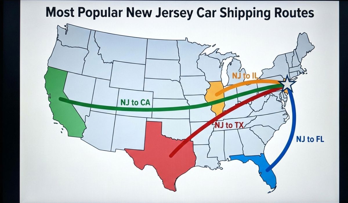 Map showing popular car shipping routes from New Jersey to multiple U.S. states. Map showing popular car shipping routes from New Jersey to multiple U.S. states.