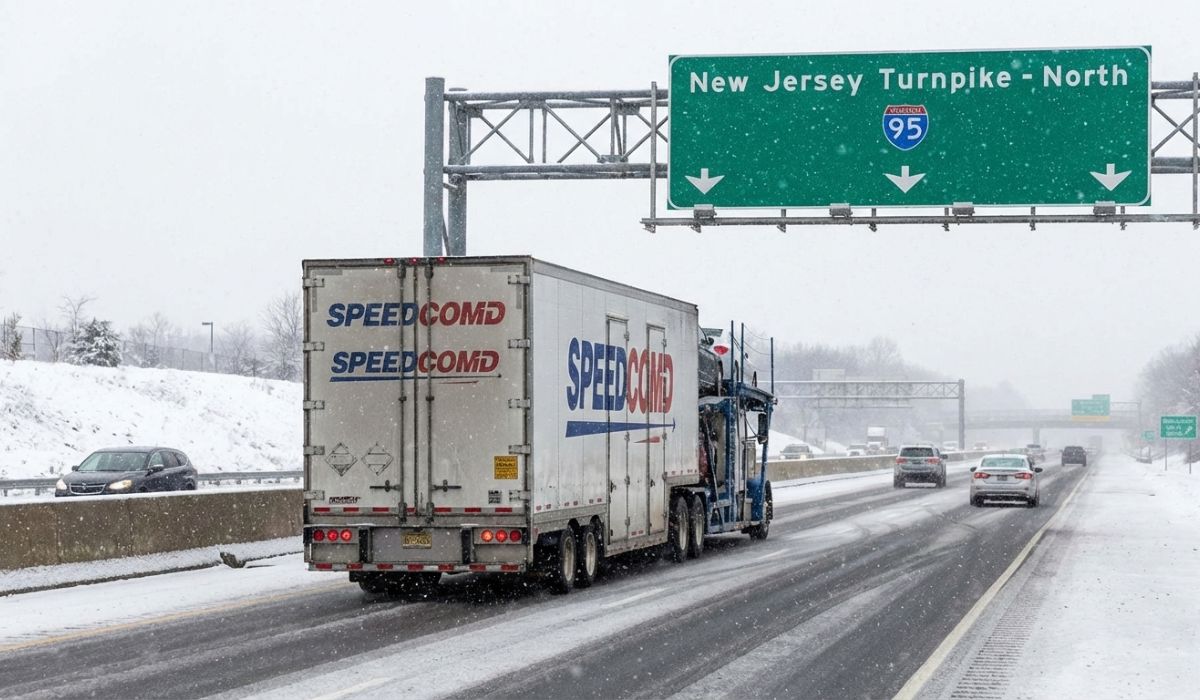 New Jersey car shipping truck navigating snowy roads safely during winter. New Jersey car shipping truck navigating snowy roads safely during winter.