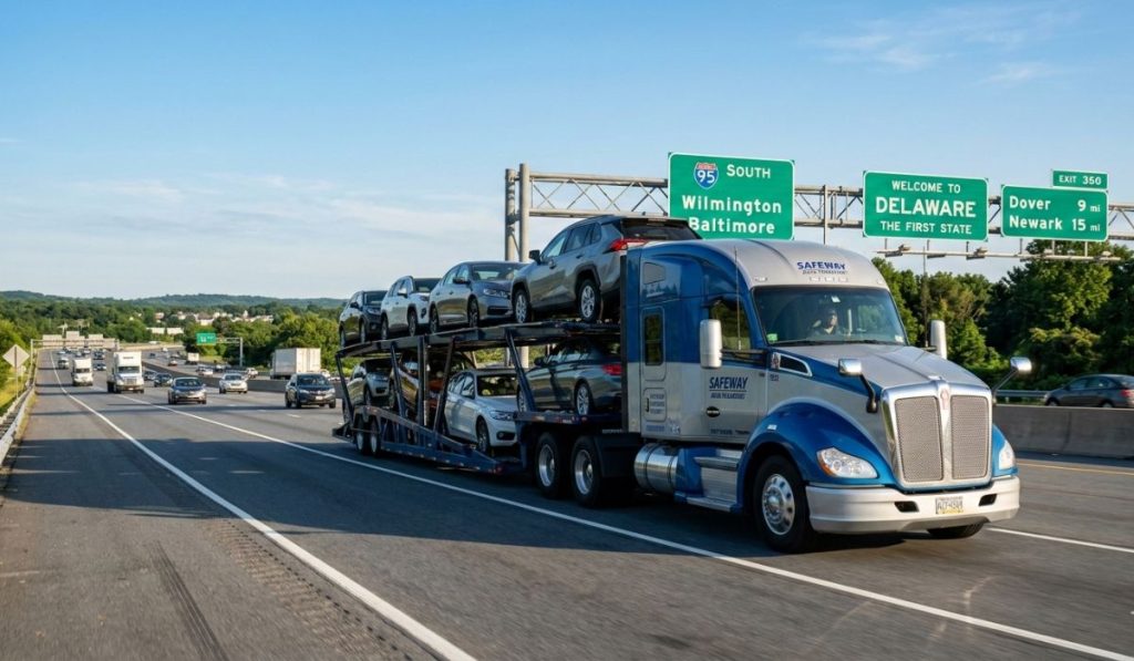 New York to Delaware car shipping truck transporting vehicles on interstate highway