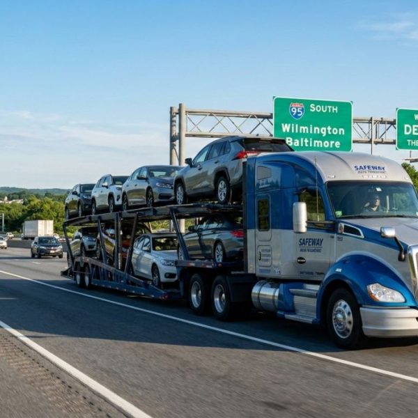 New York to Delaware car shipping truck transporting vehicles on interstate highway