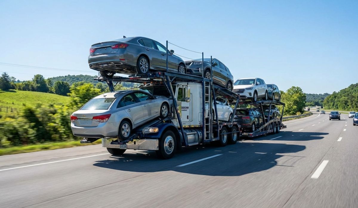New York to Kentucky auto transport truck driving on interstate highway with cars loaded.