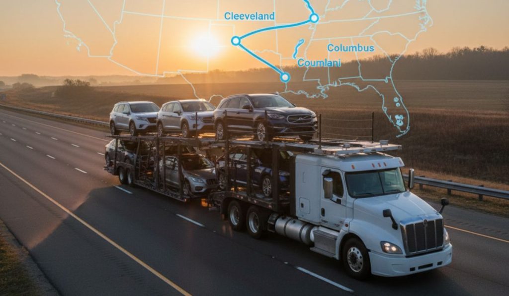 New York to Ohio car shipping truck transporting vehicles on interstate highway