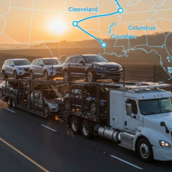 New York to Ohio car shipping truck transporting vehicles on interstate highway