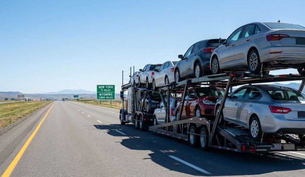 New York to Wyoming car shipping truck transporting vehicles across the United States highway