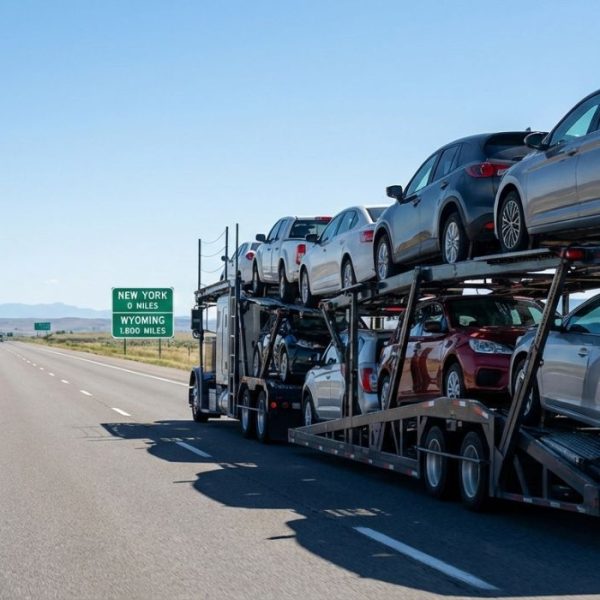 New York to Wyoming car shipping truck transporting vehicles across the United States highway