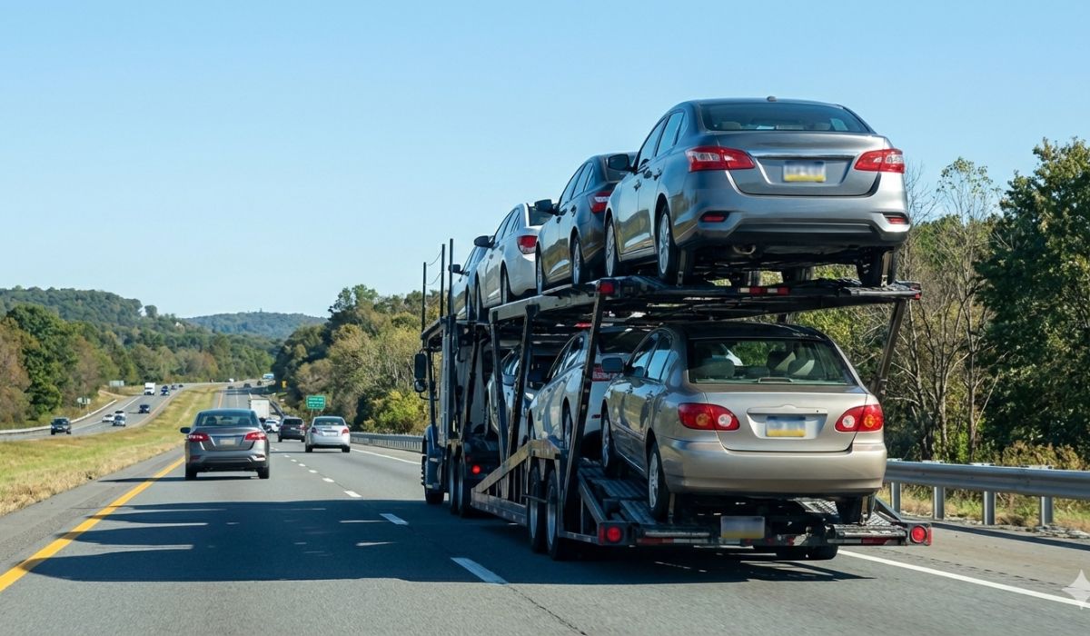 Open carrier transporting multiple vehicles from Pennsylvania to New York on interstate highway. Open carrier transporting multiple vehicles from Pennsylvania to New York on interstate highway.