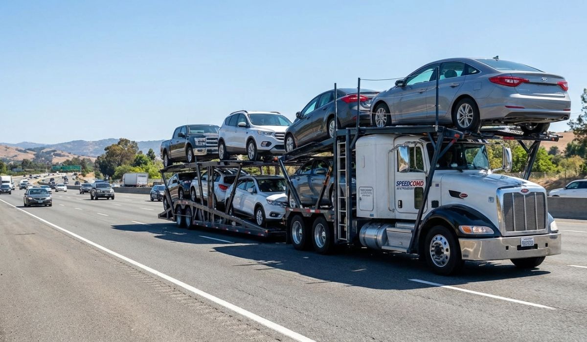 Open car transport New York to Kentucky truck on highway transporting multiple vehicles.
