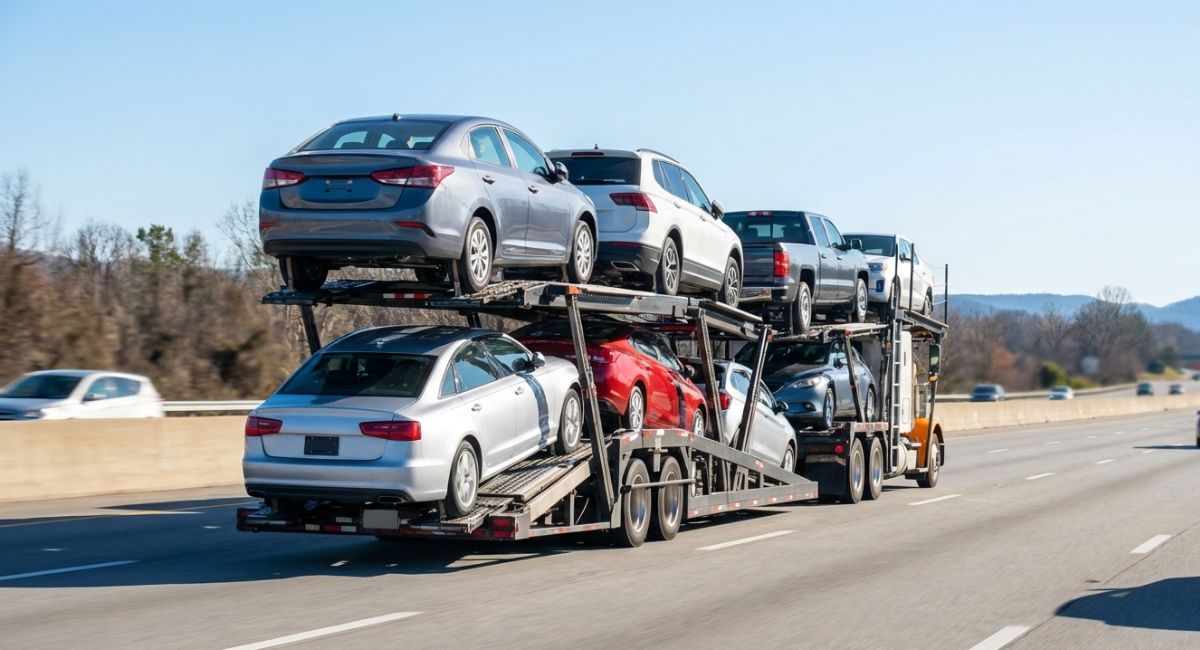 Open carrier truck transporting multiple cars on a highway. Open carrier truck transporting multiple cars on a highway.