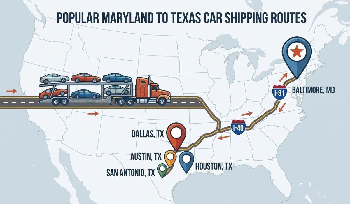 Popular Maryland to Texas car shipping routes including Baltimore, Houston, Dallas, Austin, San Antonio