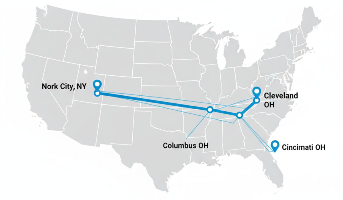 Popular New York to Ohio car shipping routes map
