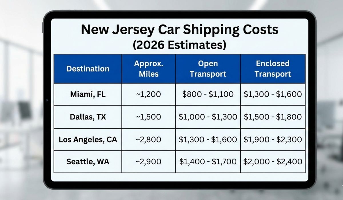 Pricing chart showing New Jersey car shipping costs to major U.S. destinations. Pricing chart showing New Jersey car shipping costs to major U.S. destinations.