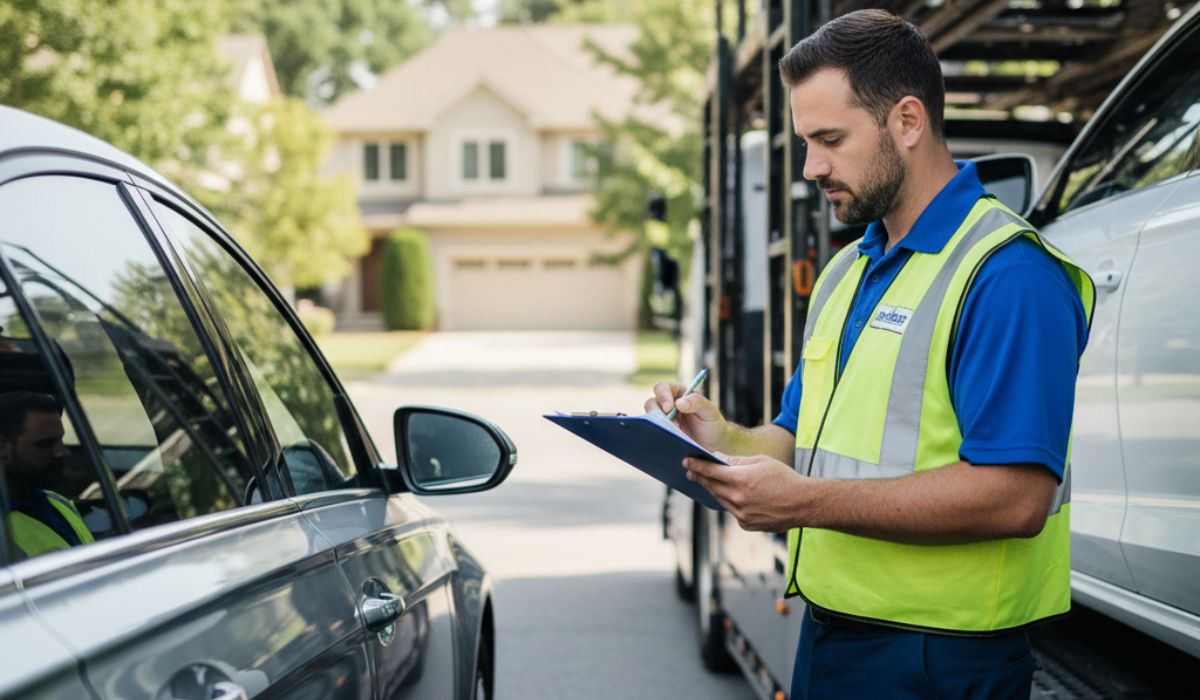 Professional car shipping company inspecting vehicle before transport