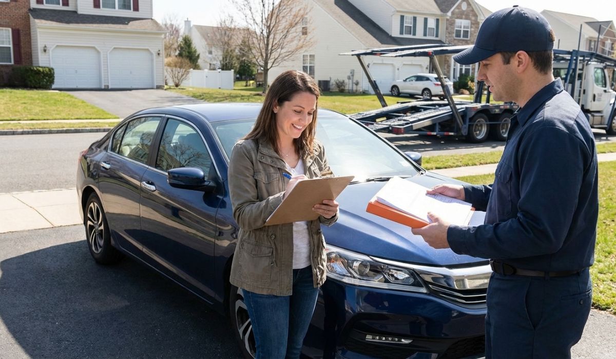 Satisfied customer inspecting vehicle upon delivery from New Jersey car shipping service. Satisfied customer inspecting vehicle upon delivery from New Jersey car shipping service.