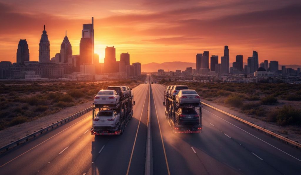 Shipping car from Philadelphia to Los Angeles on an interstate auto transport carrier truck.