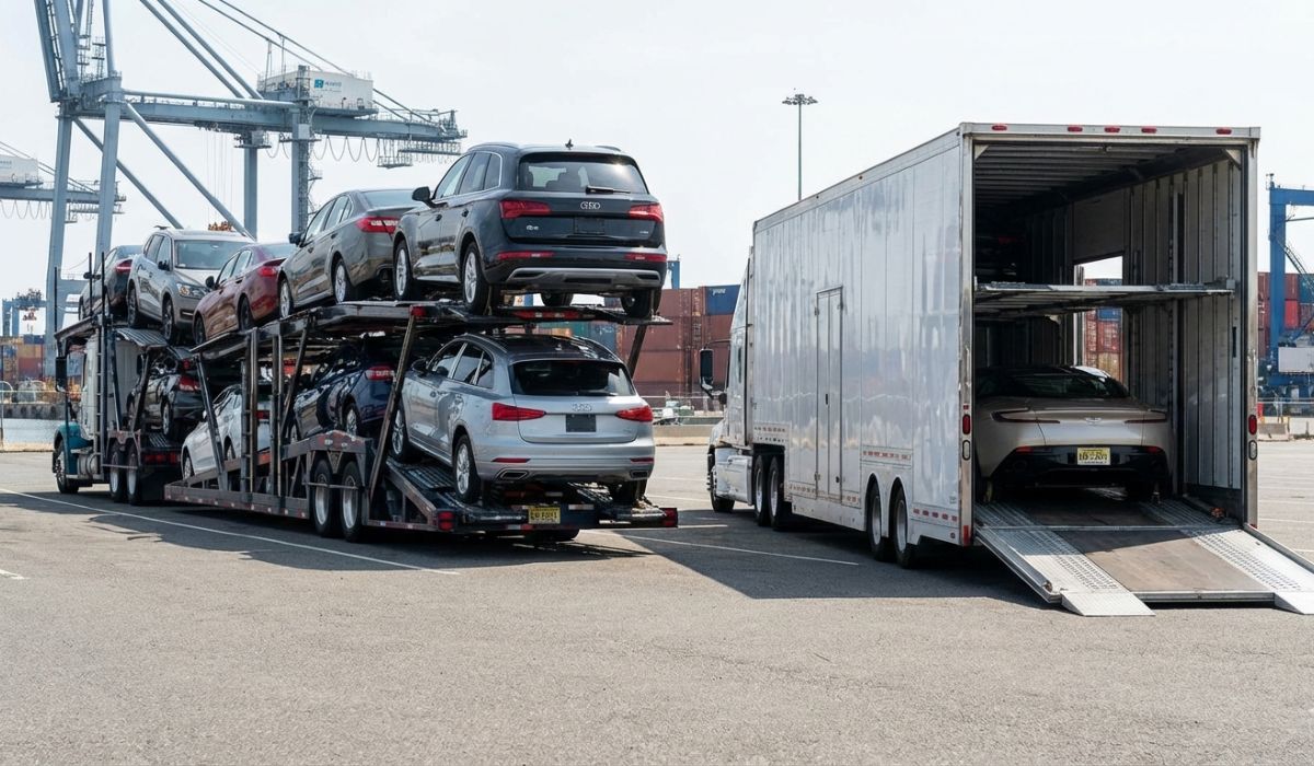 Side-by-side image showing open auto transport and enclosed car shipping in New Jersey. Side-by-side image showing open auto transport and enclosed car shipping in New Jersey.