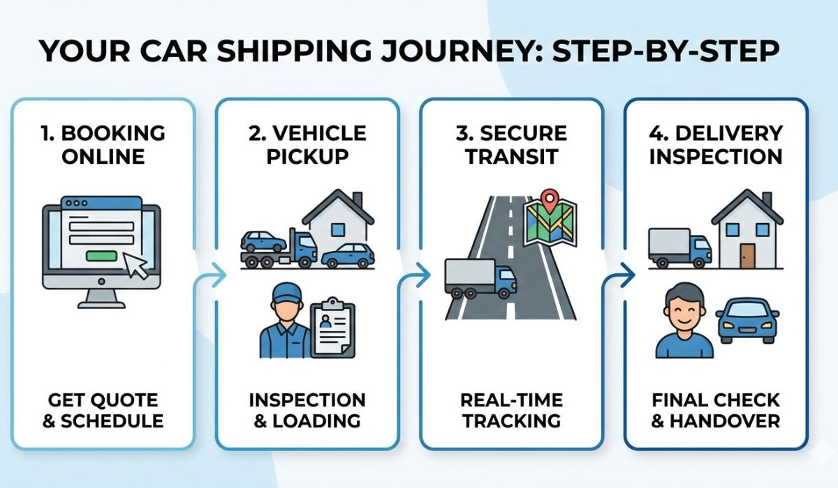 Step-by-step car shipping process from California to Texas.