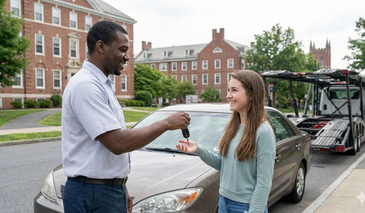 Student receiving delivered vehicle near New York campus through professional car shipping service. Student receiving delivered vehicle near New York campus through professional car shipping service.