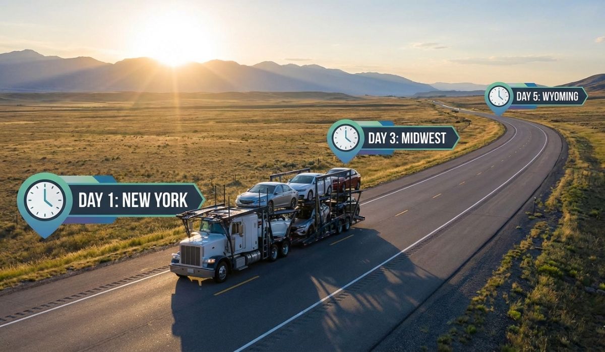 Transit time visualization for car shipping from New York to Wyoming