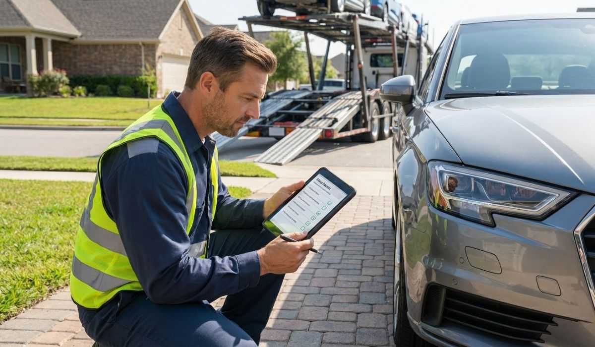 Vehicle pickup inspection before California to Texas auto transport.